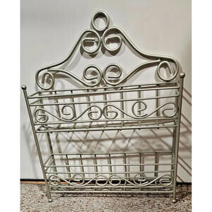 Bathroom shelf silver metal scrollwork two tiered rack